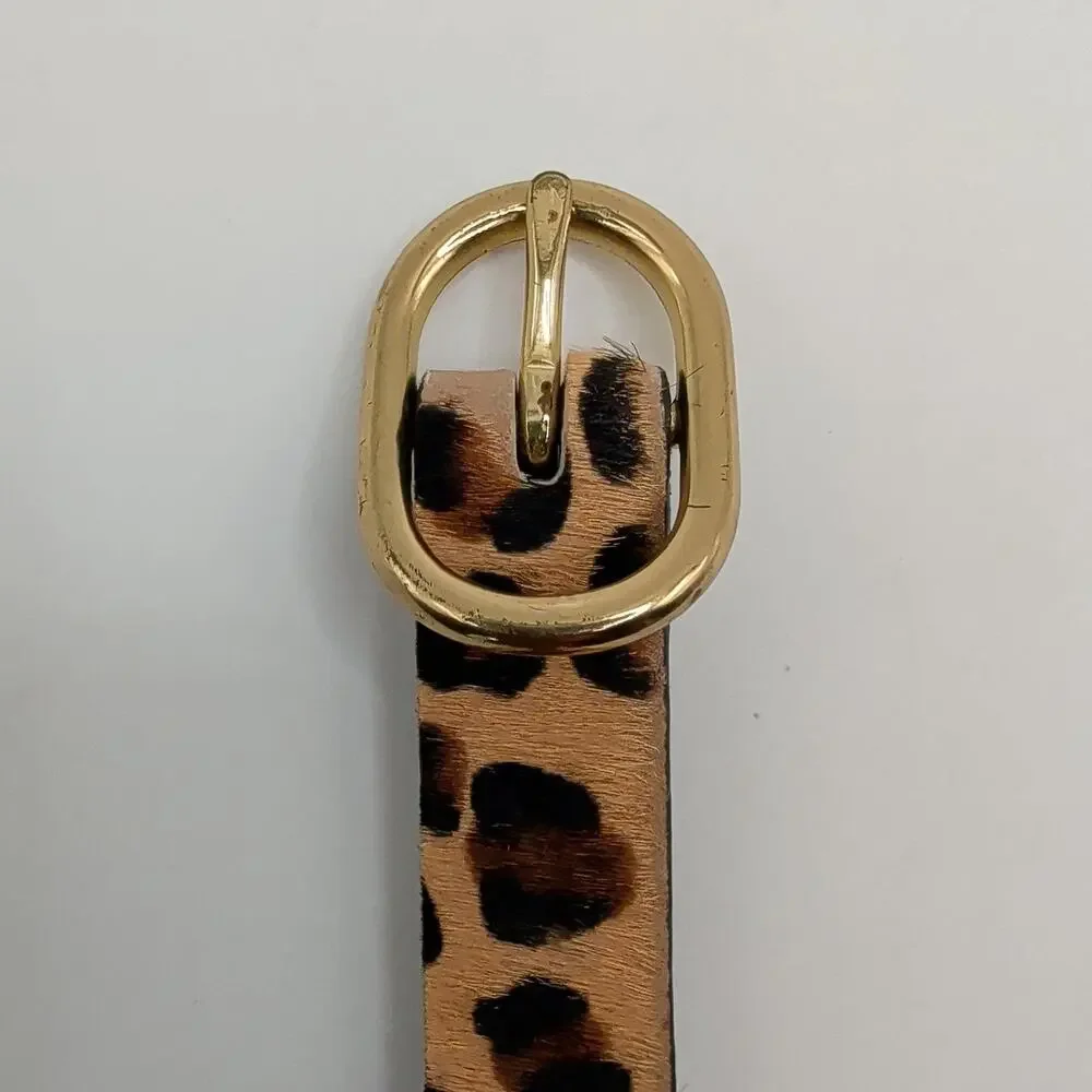 J.CREW Belt Small Brown Leather Leopard Haircalf Animal Print Skinny Gold Buckle